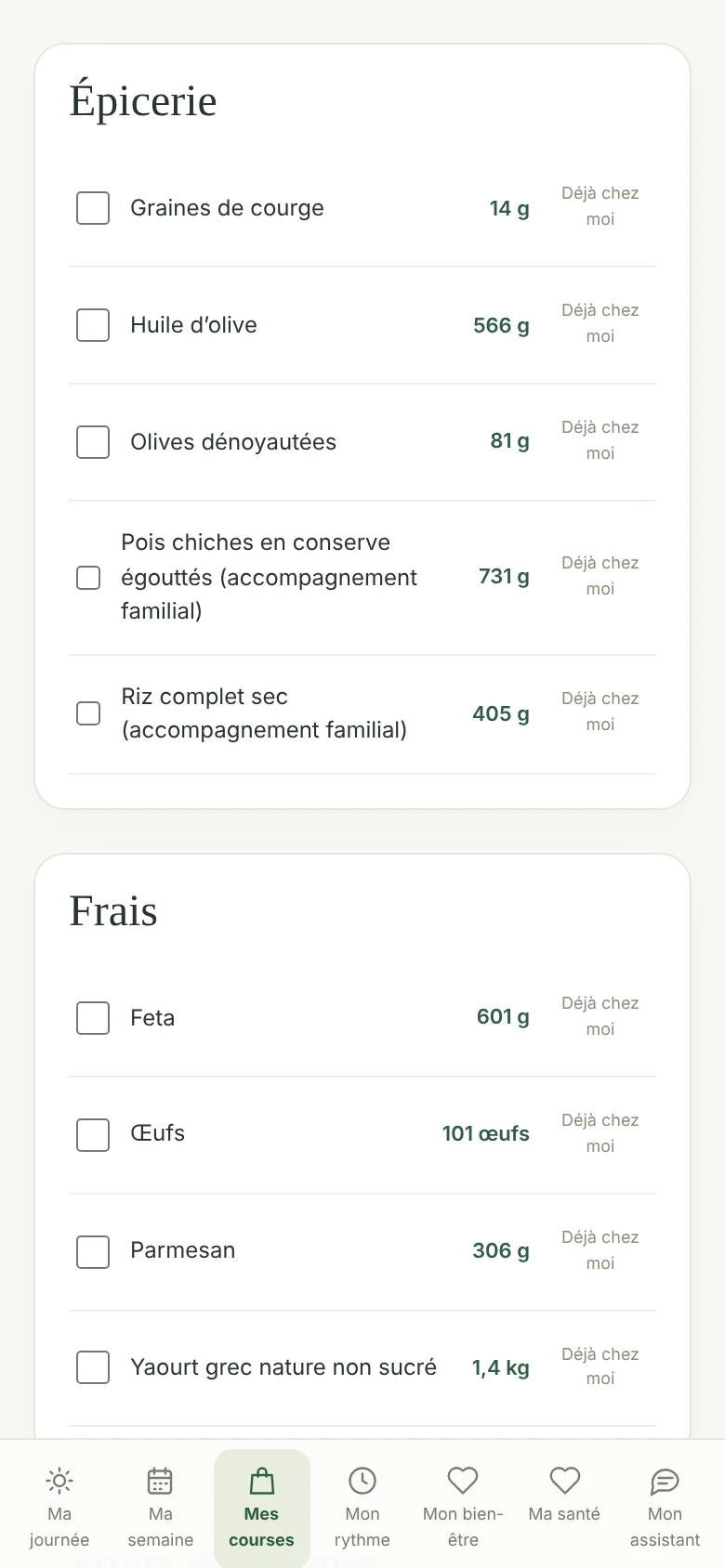 Écran Mes courses : liste rangée par rayon avec les quantités