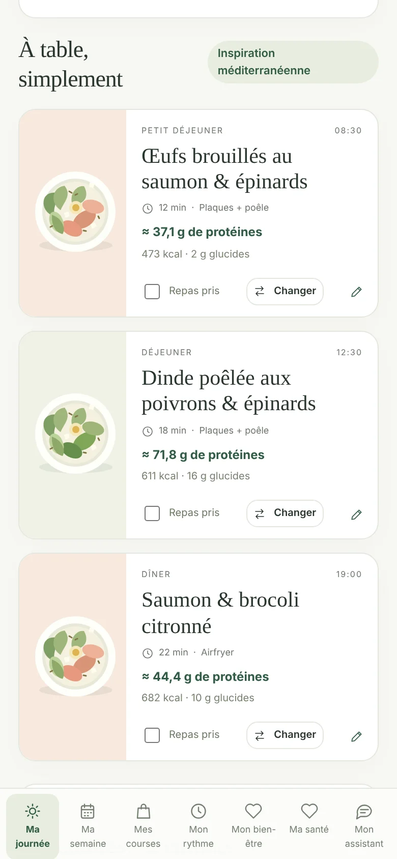 Écran Ma journée : les trois repas du jour avec temps de préparation
